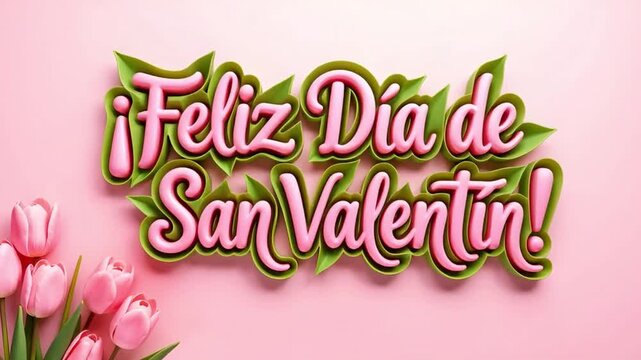 pink tulips on pink surface forming feliz dia de san valentin spanish language text for valentine day celebration