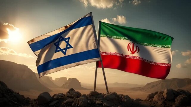 flags of israel and iran waving against a mountain landscape at sunset reflecting middle east conflict