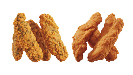 Golden brown crispy deep fried chicken tenders and seasoned chicken strips fast food snack, isolated on transparent background