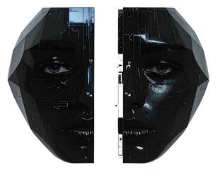 Divided portrait of a glossy, metallic face with cybernetic details