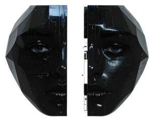 Divided portrait of a glossy, metallic face with cybernetic details