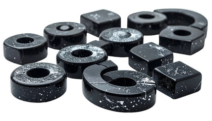 Elegant, glossy black artisanal chocolates with subtle white flecks, various shapes