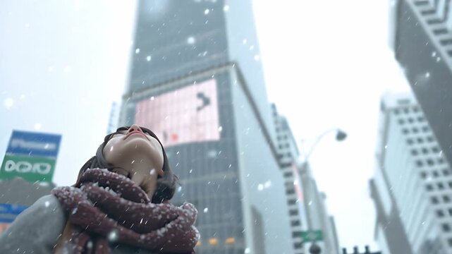 夜の都会で雪を見上げ、穏やかに微笑む日本人女性