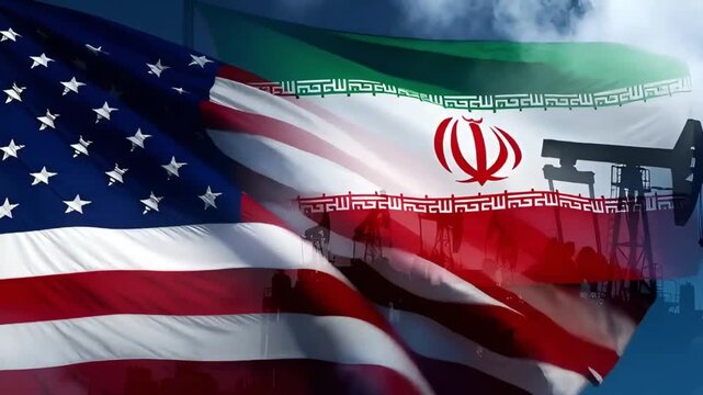 composite image of waving us and iran flags against the background of working oil rigs under a cloudy sky emphasizing the role of energy resources in geopolitical relations
