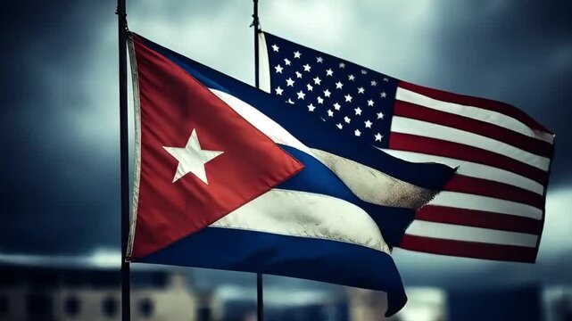 flags of cuba and the us wave against a dark anxious sky creating an atmosphere of historical tension and uncertainty in relations between two neighboring states and nations
