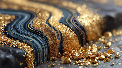Close-up of a decorative object with black, gold, and glittery textures.