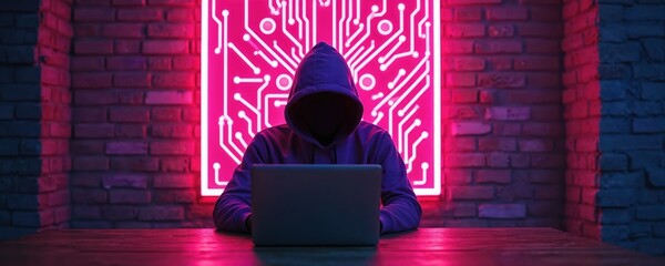 Faceless person in hooded sweatshirt works on laptop computer in dark room. Neon circuit board pattern glows on brick wall behind hacker at wooden table.