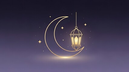 Ramadan Night: Minimal Crescent and Lantern Illustration on Dark Blue
