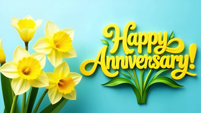 yellow daffodils on bright blue background with animated happy anniversary greeting text symbolizing relationship longevity and happiness