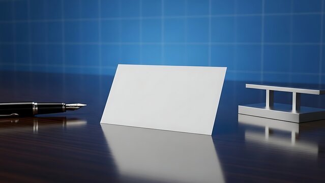 Business card mockup on a reflective surface with pen and paperweight