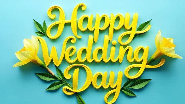 animation of yellow daffodils appearing on a blue background with a happy wedding day greeting made in a volumetric yellow style with green leaves spring holiday decor