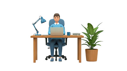 3D Animated Man Working on Laptop at Desk with Lamp and Plant