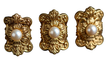Three ornate gold earrings, each with a centered pearl, on black