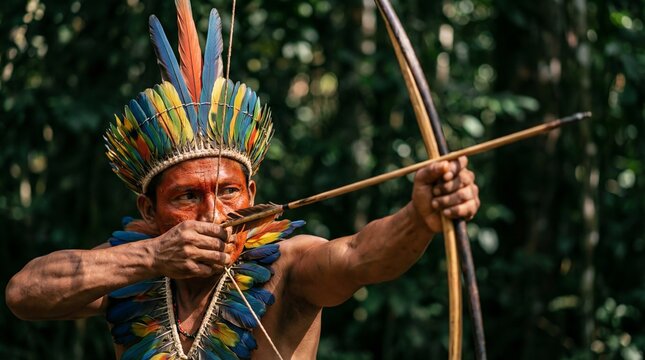 Indigenous Hunter Aiming Bow and Arrow in Amazon Jungle. Focused Native Man Hunting Concept