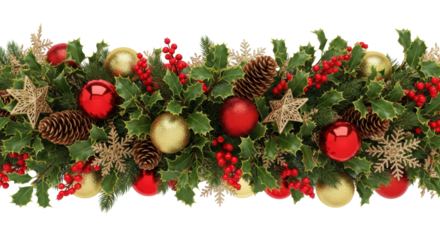 a luxurious photorealistic flat lay of a dense holly christmas garland border with reflective red and gold baubles, pine cones, and berries, isolated on white background. concept of traditional