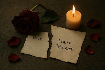 A flickering candle illuminates a broken relationship and a torn goodbye letter with a faded rose