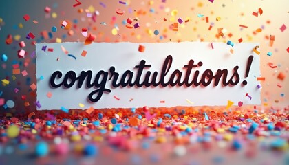 Colorful confetti bursts above a sign that says Congratulations. This signifies a happy moment of achievement and celebration. Great for parties or graduations.