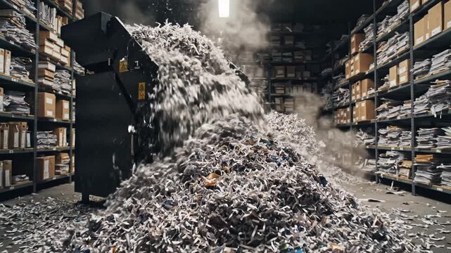 Cinematic slow motion footage of a heavy duty industrial shredder overflowing with destroyed confidential document material in a dimly lit office storage room for security and data protection.