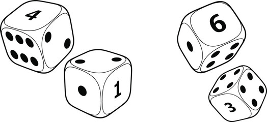 Collection of two pairs of gaming dice with numbers and pips in minimalist black and white line art for board games and probability education vector