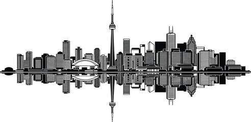 Naklejka premium Toronto skyline cityscape illustration with CN Tower reflection, modern architecture silhouette, urban waterfront view, detailed black and white landmark design