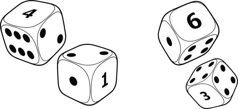 Collection of two pairs of gaming dice with numbers and pips in minimalist black and white line art for board games and probability education vector