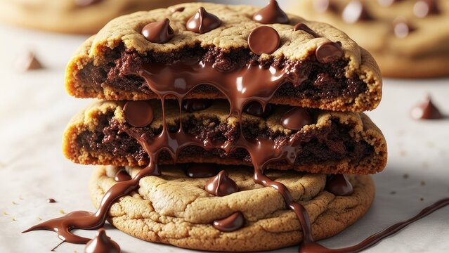 Mouthwatering chocolate chip cookies with gooey melted chocolate center.