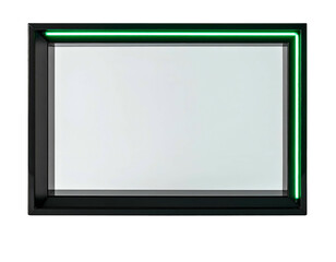 Rectangular frame illuminated with green lights and a blank white screen