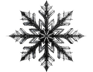 A detailed metallic snowflake with six-fold symmetry on black background
