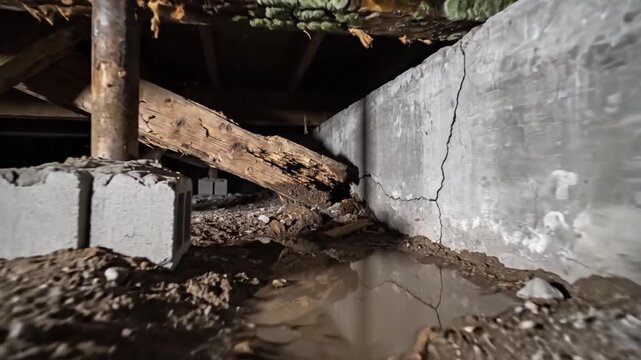 Atmospheric cinematic view of a dim residential crawl space featuring rustic exposed wooden beam support and an uneven dark dirt floor within a spooky subterranean basement foundation area.