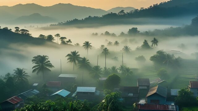 Misty morning landscape with village, palm trees, and mountains in the distance, aerial view, 07c86973-01d0-4ae7-90dd-191846b56dc7.mp4 reference