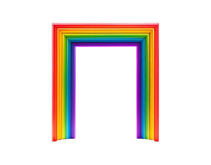 A multi-layered rainbow-colored archway against a solid black backdrop