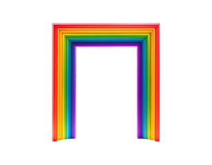 A multi-layered rainbow-colored archway against a solid black backdrop