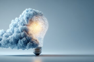 Glowing lightbulb inside a cloud symbolizing cloud computing ideas and innovation.
