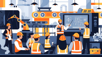 an industrial training program with professional worker team in manufacturing factory setting for education and safety skill development concept