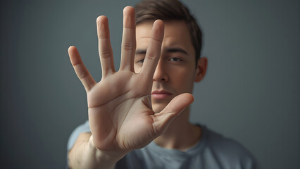 young man showing stop gesture with his hand to the camera