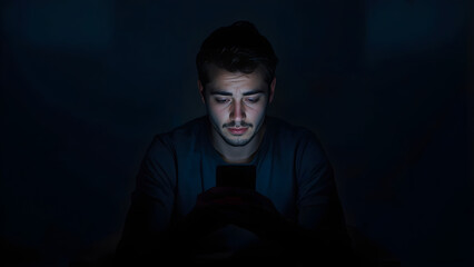 young man using smartphone in dark room with face illuminated by screen light