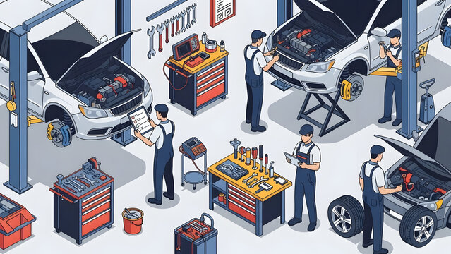 professional automotive maintenance service with expert mechanics repairing car engine inspecting vehicle parts in modern garage workshop facility environment - Powered by Adobe