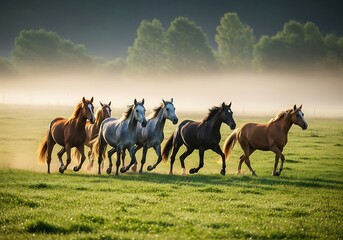 Group of diverse colored horses gallop across a misty green pasture at sunrise