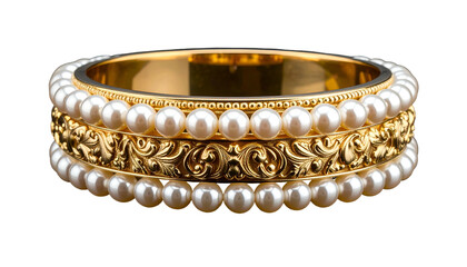 Ornate gold bracelets with pearl accents and detailed decorative patterns