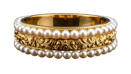 Ornate gold bracelets with pearl accents and detailed decorative patterns