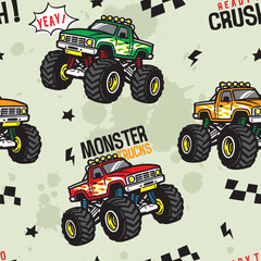 Playful Retro Cartoon Monster Trucks Seamless Background © atap