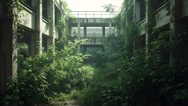 abandoned modern building interior overgrown with lush green plants and vines in post apocalyptic style