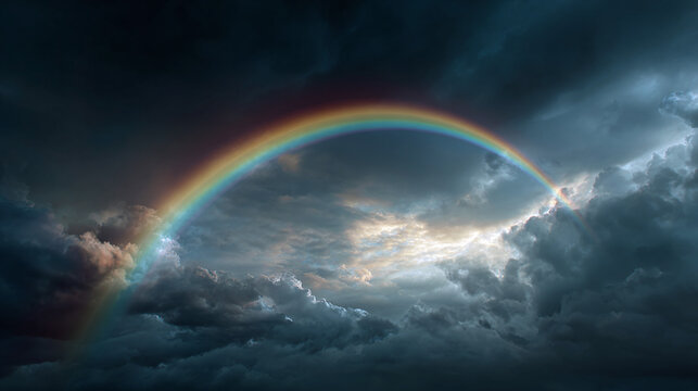 A vibrant rainbow arches across a dramatic sky, symbolizing hope after the storm