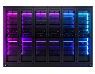 Server racks glowing with multicolored lights, showcasing data center hardware