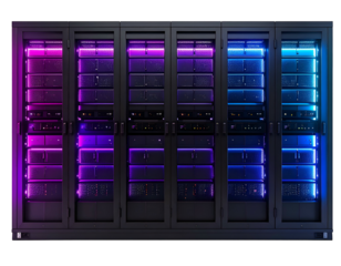 Server racks glowing with multicolored lights, showcasing data center hardware
