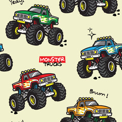 Colorful Hand-Drawn Monster Trucks Seamless Background for Kids © atap