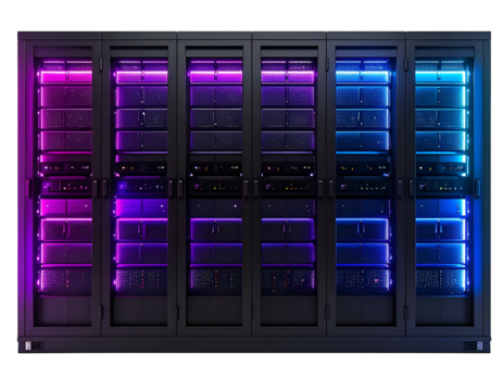 Server racks glowing with multicolored lights, showcasing data center hardware - Powered by Adobe