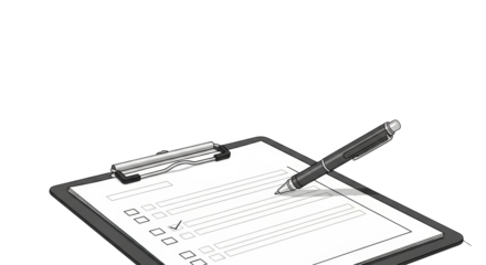 ultra-minimalist continuous line drawing of a matte black clipboard and blank checklist with a technical pen on a high-key white background, ready for planning, concept of professional clarity