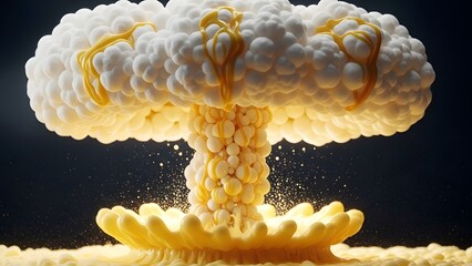 Creative concept of a mushroom cloud explosion made from popcorn and melted butter, a delicious and impactful visual metaphor for food, snacks, or cinematic moments