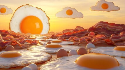 Surreal breakfast landscape with a giant fried egg sun, egg clouds, and rolling bacon hills under a vibrant morning sky